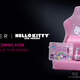 Pictured is a pink Hello Kitty chair with other Kitty-chan branded gaming gear.